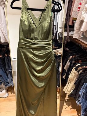 Olive Satin V-Neck Draped Maxi Dress